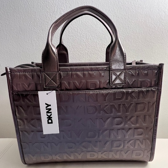 DKNY Hadlee Medium Tote (NWT) / Metallic Gunmetal & Logo Embossed - Picture 1 of 7